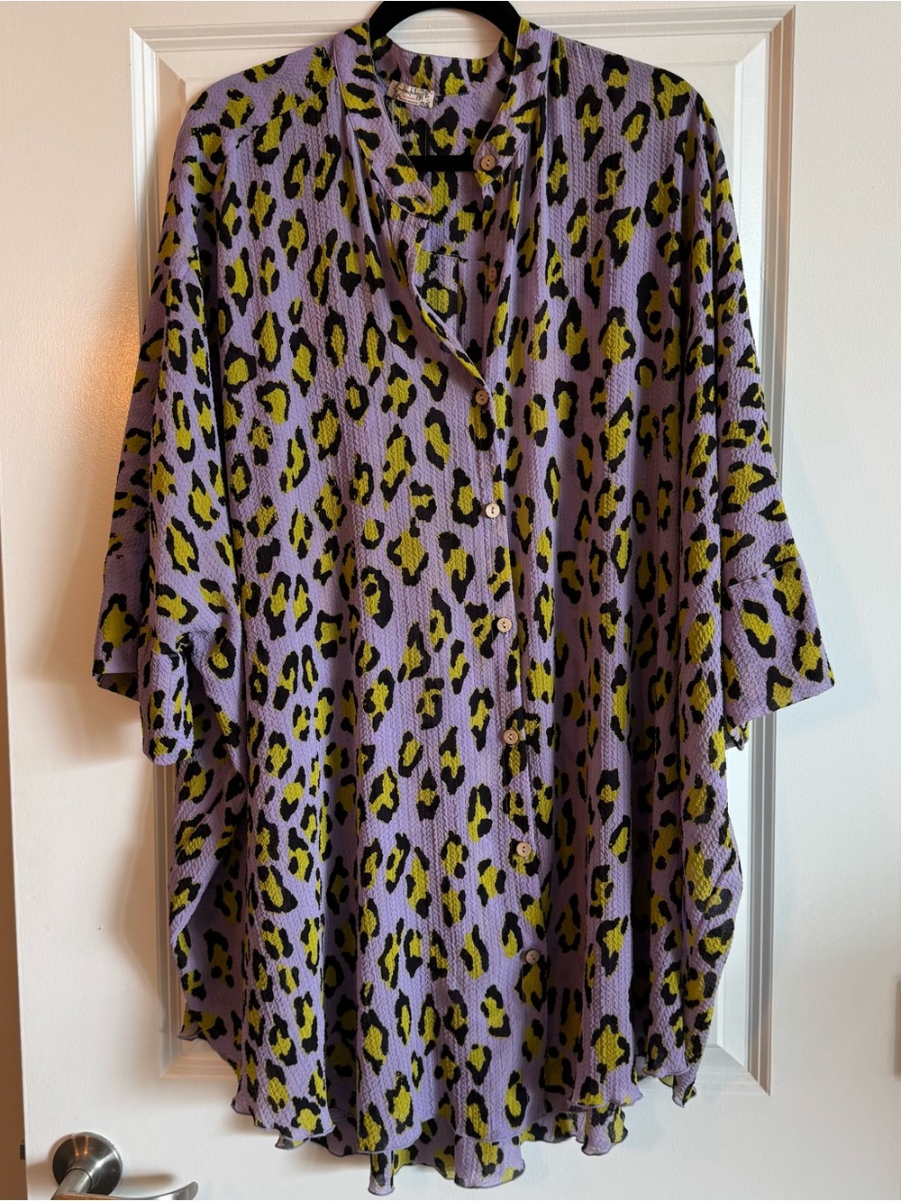 Free People Lavender Purple & Olive Green Leopard Print Button-Up OversizeBlouse